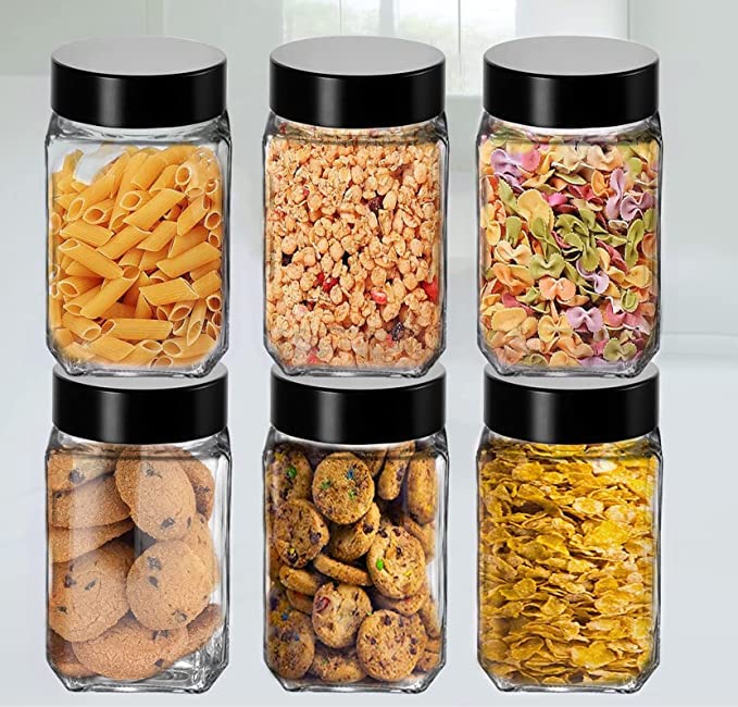 Vency Piramal Glass Cubical Square 300ml Transparent Glass Jars & Containers for Kitchen Pantry-Storage with Black Plastic Lid (300ml, Set Of 6) - Image 1