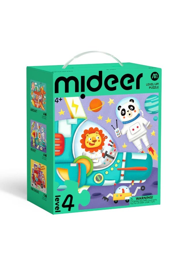 MiDeer تقدم! ألغاز مع حقيبة تخزين – مجموعة ألغاز النقل المستوى 4 للأطفال من عمر 4 سنوات فما فوق | 3 ألغاز متدرجة 58–72 قطعة | لغز مدينة الحيوانات التعليمي | مشاهد طائرة، سيارة وصاروخ - Image 1