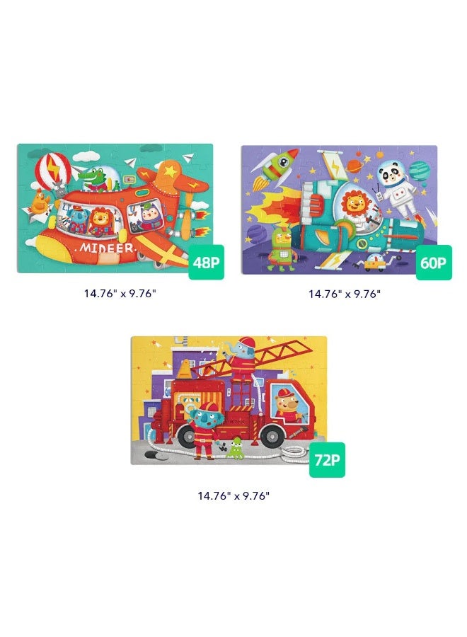 MiDeer تقدم! ألغاز مع حقيبة تخزين – مجموعة ألغاز النقل المستوى 4 للأطفال من عمر 4 سنوات فما فوق | 3 ألغاز متدرجة 58–72 قطعة | لغز مدينة الحيوانات التعليمي | مشاهد طائرة، سيارة وصاروخ - Image 3