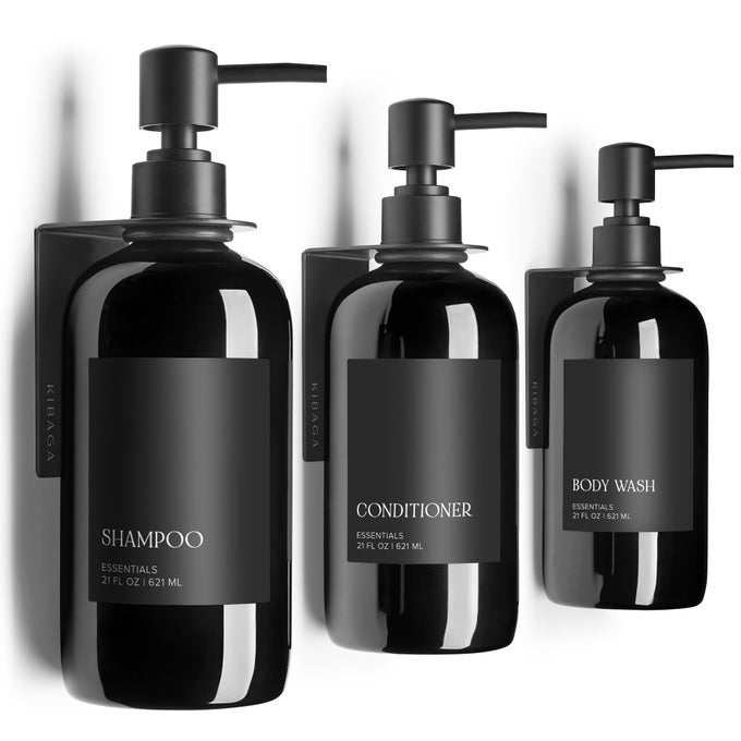 STYLISH SHAMPOO AND CONDITIONER DISPENSER SET OF 3 FOR WALL MOUNT MODERN DRILL FREE 21OZ SHOWER SOAP BOTTLES WITH LABELS EASY REFILL BODY WASH DISPENSERS FOR AN INSTANT BATHROOM DECOR UPGRADE