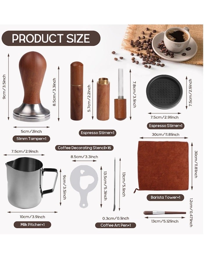 XiuWoo 23 PCS Espresso Tamper Set, with 51mm Espresso Tamper,WDT Tool,Frothing Pitcher,Tamper Mat,Barista Towel,Coffee Brush,Latte Art Pen and Decorative Stencils  - Image 2