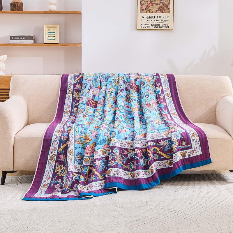 XIBLC Fall Blanket for Bed, 100% Cotton Soft Rustic Boho Throw Blanket Quilt, 50"x60" Farmhouse Decor Bed Flower Blankets, Light Weight Reversible Bohemian Throw Quilt - Image 3
