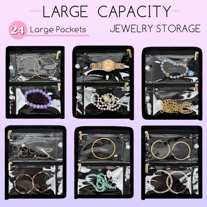 LingLingo Travel Jewelry Organizer Case,Jewelry Bags for Traveling, Jewelry Binder with 24 Pcs Clear Zipper Velvet Pouches for Storing Earrings, Rings, Necklace, Bracelet, Watch (Black) - Image 4