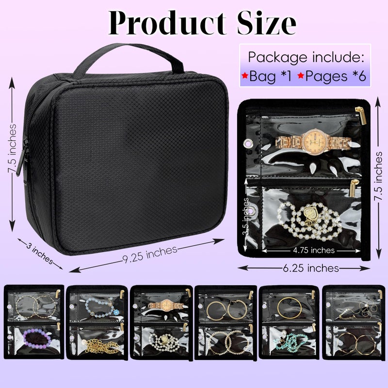 LingLingo Travel Jewelry Organizer Case,Jewelry Bags for Traveling, Jewelry Binder with 24 Pcs Clear Zipper Velvet Pouches for Storing Earrings, Rings, Necklace, Bracelet, Watch (Black) - Image 3