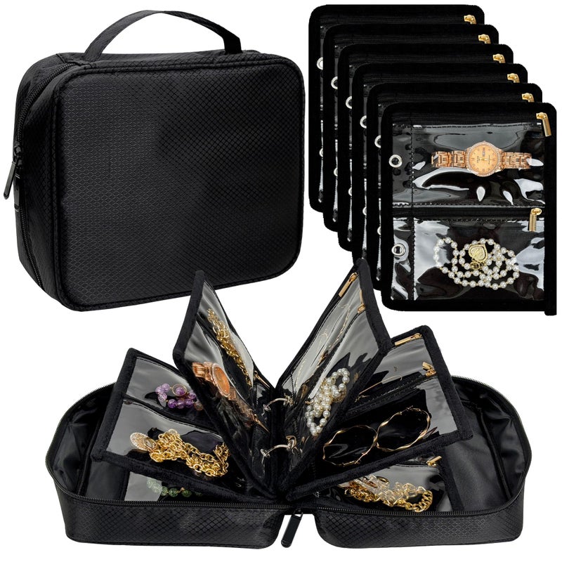 LingLingo Travel Jewelry Organizer Case,Jewelry Bags for Traveling, Jewelry Binder with 24 Pcs Clear Zipper Velvet Pouches for Storing Earrings, Rings, Necklace, Bracelet, Watch (Black) - Image 1