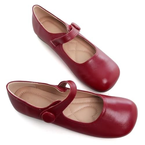 Stunner Women's Mary Jane Flats Comfortable Square Toe Ballet Flats Buckle Strap Casual Flat Shoes Red 39(7.5) - Image 2