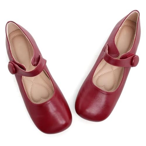 Stunner Women's Mary Jane Flats Comfortable Square Toe Ballet Flats Buckle Strap Casual Flat Shoes Red 39(7.5) - Image 3