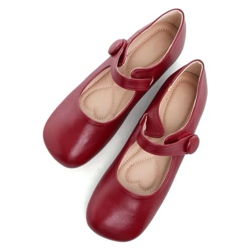 Stunner Women's Mary Jane Flats Comfortable Square Toe Ballet Flats Buckle Strap Casual Flat Shoes Red 39(7.5) - Image 1
