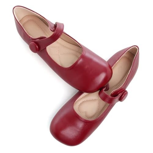 Stunner Women's Mary Jane Flats Comfortable Square Toe Ballet Flats Buckle Strap Casual Flat Shoes Red 39(7.5) - Image 4