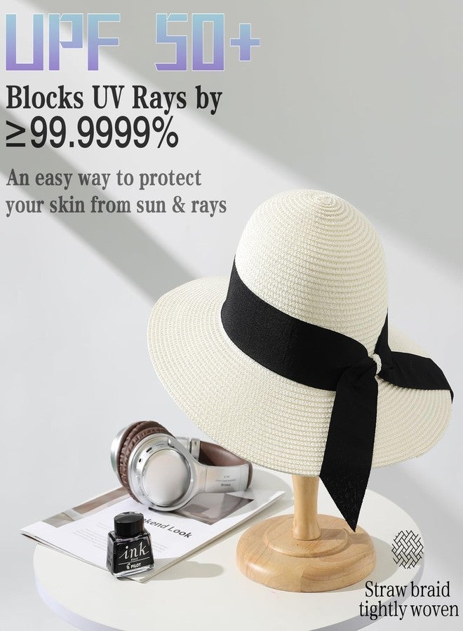Pleneal Beach Hats for Women, Straw Sun Hat for Women UPF 50+ UV Sun Protection Foldable Roll up Cap White - Image 2