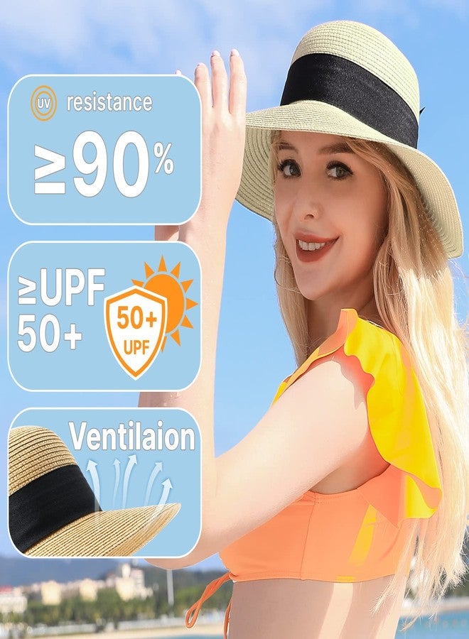 Pleneal Beach Hats for Women, Straw Sun Hat for Women UPF 50+ UV Sun Protection Foldable Roll up Cap White - Image 3