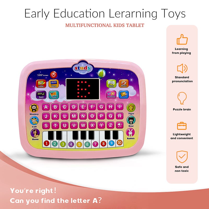 Kid Tablet Toddler Learning Pad Learning Toys With Screen Educational Toys Fun Gifts Music Piano ABC Numbers Words Spell Animals For Boys And Girls 3 5 Pink - Image 3