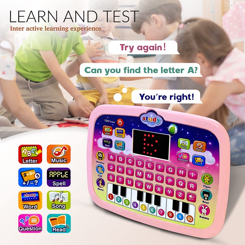 Kid Tablet Toddler Learning Pad Learning Toys With Screen Educational Toys Fun Gifts Music Piano ABC Numbers Words Spell Animals For Boys And Girls 3 5 Pink - Image 5