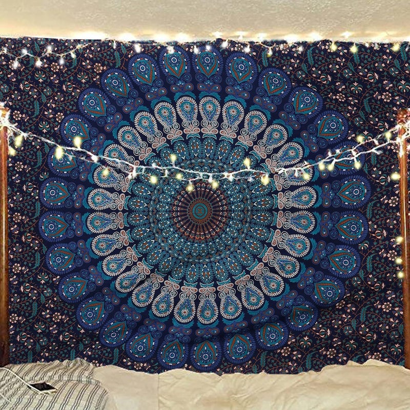 Bless International Indian hippie Bohemian Psychedelic Peacock Mandala Wall hanging Bedding Tapestry (Blue Green, Poster (30x40Inches)(76x101cms)) - Image 5