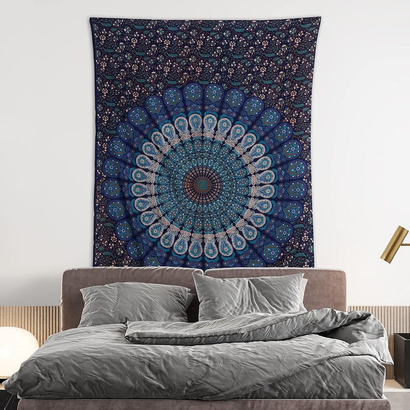 Bless International Indian hippie Bohemian Psychedelic Peacock Mandala Wall hanging Bedding Tapestry (Blue Green, Poster (30x40Inches)(76x101cms)) - Image 2