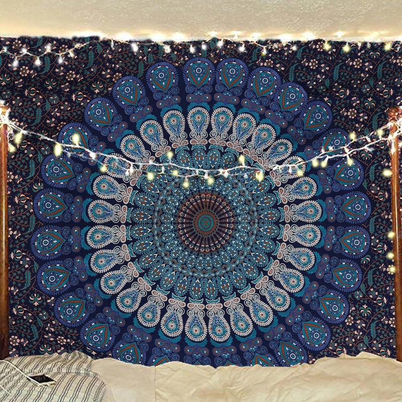 Bless International Indian hippie Bohemian Psychedelic Peacock Mandala Wall hanging Bedding Tapestry (Blue Green, Poster (30x40Inches)(76x101cms)) - Image 1