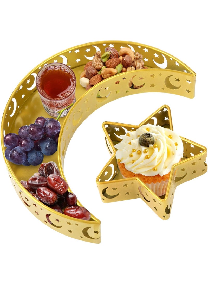 صينية طبق العشاء، طبق فاكهة، ديكور رمضان، صينية تقديم قمر رمضان، صينية طعام إسلامية، أطباق تقديم معدنية مباركة، حامل عرض الوجبات الخفيفة لديكور حفلات رمضان الإسلامي، ذهبي - Image 1