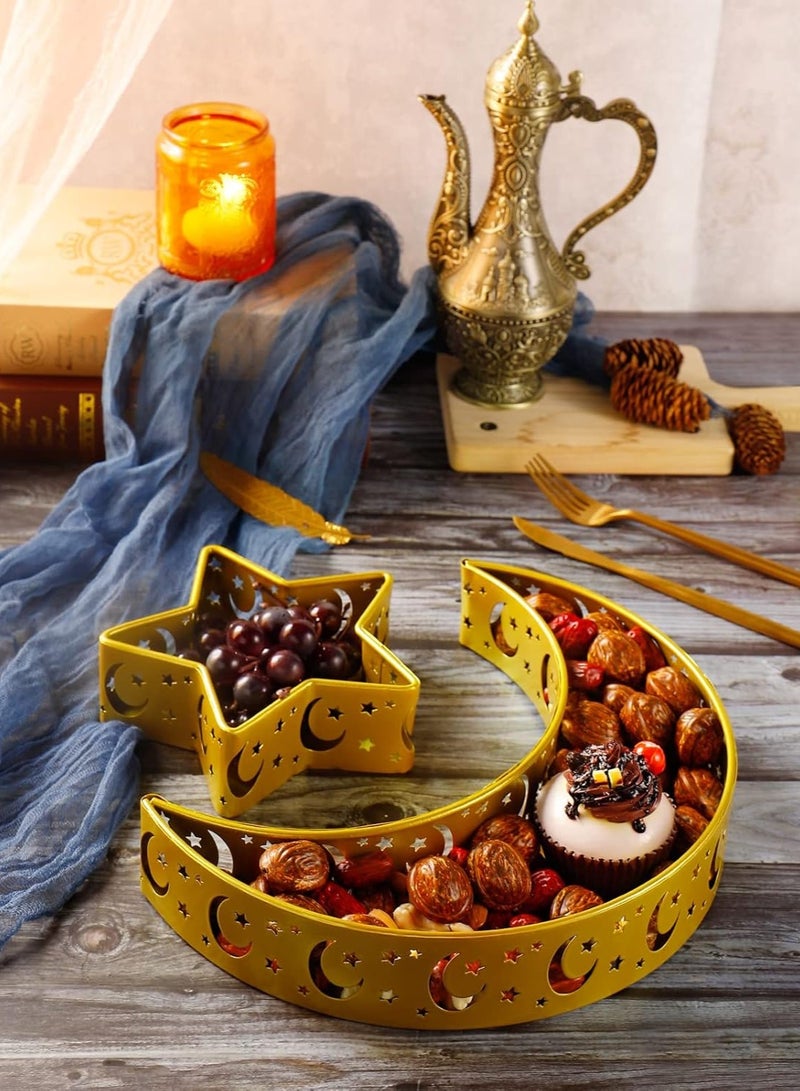 صينية طبق العشاء، طبق فاكهة، ديكور رمضان، صينية تقديم قمر رمضان، صينية طعام إسلامية، أطباق تقديم معدنية مباركة، حامل عرض الوجبات الخفيفة لديكور حفلات رمضان الإسلامي، ذهبي - Image 2