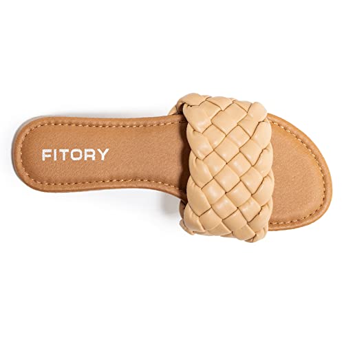 FITORY Womens Flat Sandals Fashion Round Open Toe Slip On Slides with Braided Strap Slippers for Summer Size 9 Apricot - Image 2