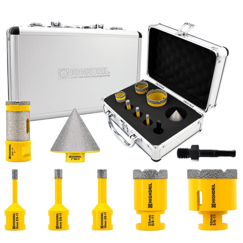 HIGHDRIL Diamond Drill Bits Kit 68103550mm25mm Finger Bit50mm Chamfer BitSDS Adapter with 5811 Thread for Porcelain Ceramic Tile Granite Marble Brick