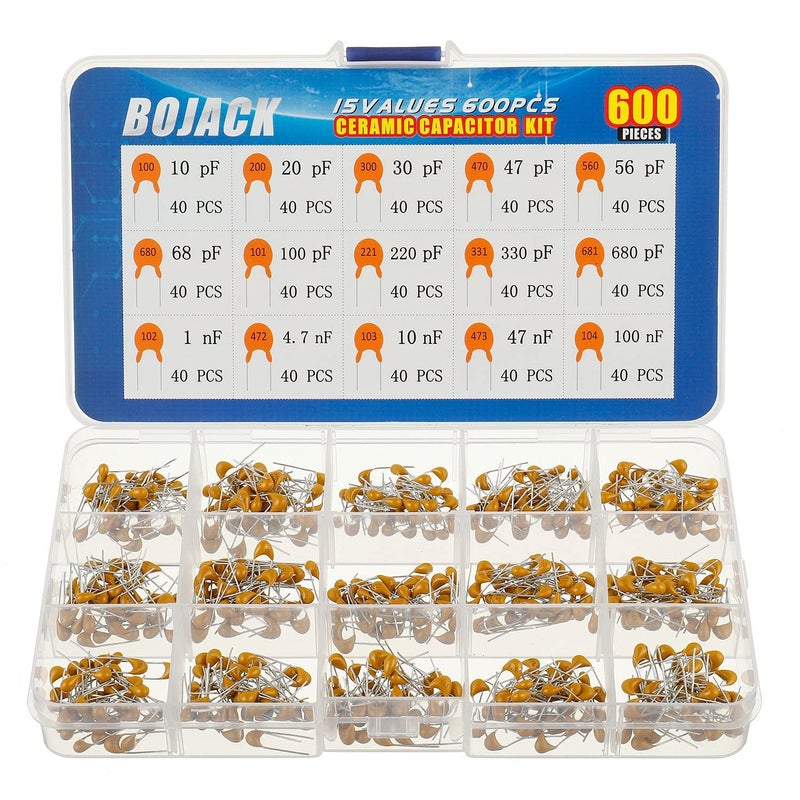 BOJACK 15 Type Values 600 Units Ceramic Capacitor Assortment Kit (10pF to 100nF) - Image 1