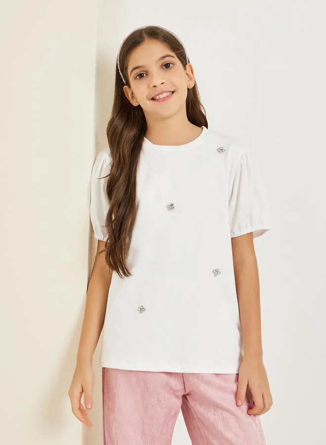 Styli Girls White Puff Sleeve Embellished Top