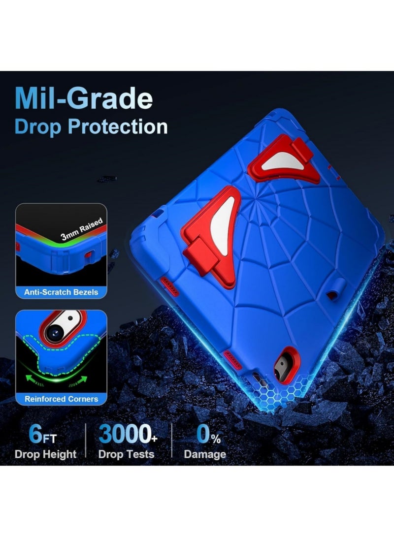 اووكاي جراب لجهاز iPad (A16) الجيل الحادي عشر (11 بوصة)/iPad الجيل العاشر (10.9 بوصة) - جراب لطيف وجذاب للأطفال، بتصميم كرتوني، مزود بمسند وحزام كتف وحامل أقلام، مقاوم للصدمات (أزرق وأحمر). - Image 3