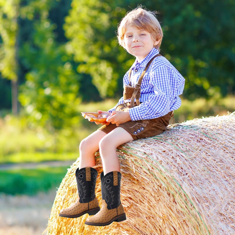 Rollda Boys Cowboy Boots Kids Western Boots Square Toe Girls Cowgirl Boots for Toddler/Little Kid/Big Kid Brown Ostrich Size 1 - Image 2