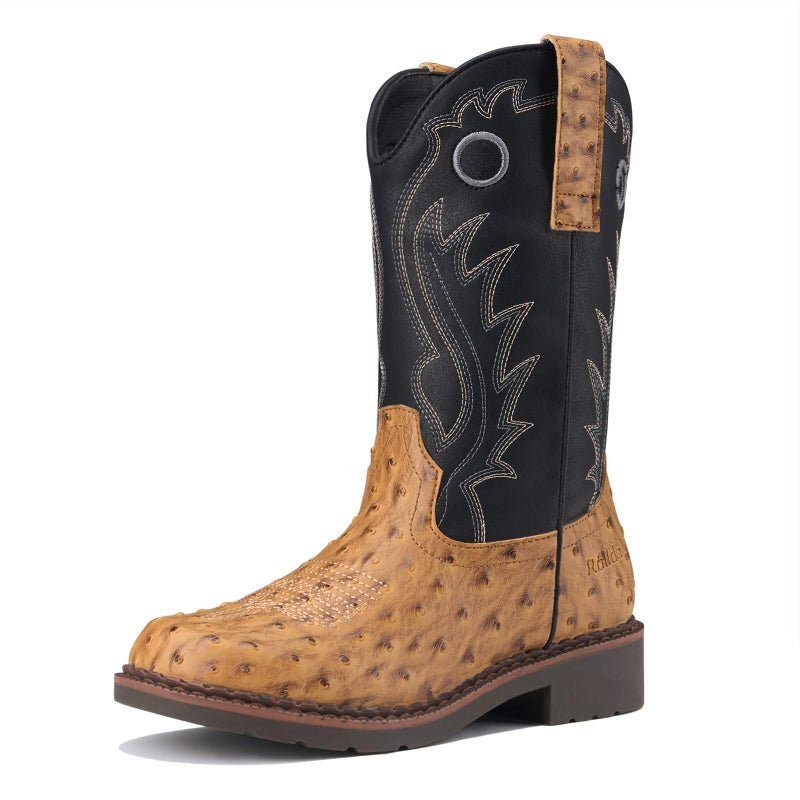 Rollda Boys Cowboy Boots Kids Western Boots Square Toe Girls Cowgirl Boots for Toddler/Little Kid/Big Kid Brown Ostrich Size 1 - Image 1
