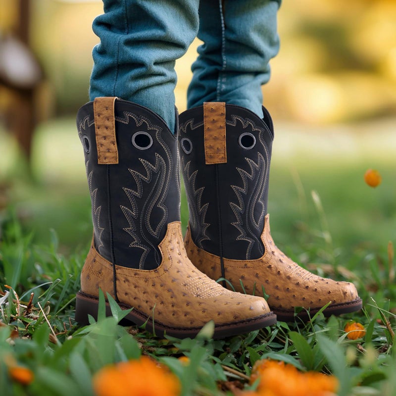 Rollda Boys Cowboy Boots Kids Western Boots Square Toe Girls Cowgirl Boots for Toddler/Little Kid/Big Kid Brown Ostrich Size 1 - Image 3
