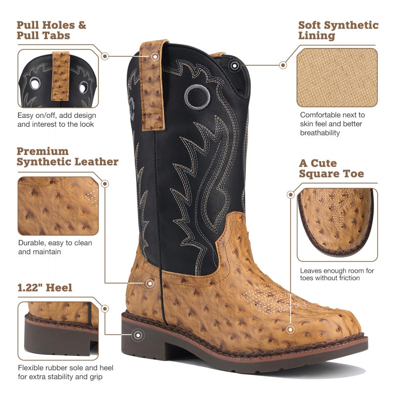 Rollda Boys Cowboy Boots Kids Western Boots Square Toe Girls Cowgirl Boots for Toddler/Little Kid/Big Kid Brown Ostrich Size 1 - Image 4
