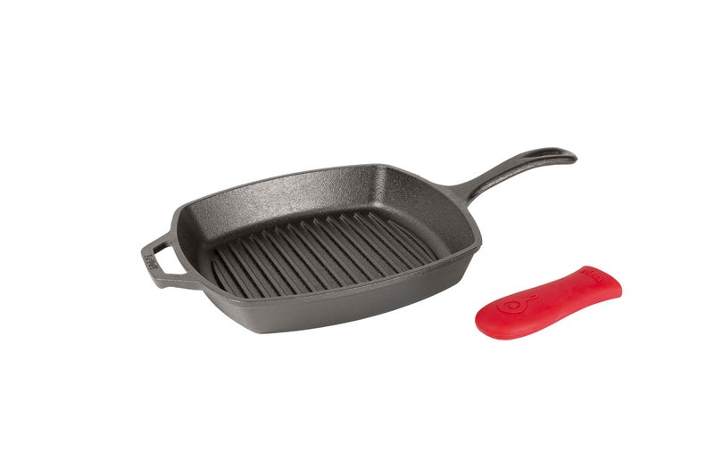 Lodge L8SGP3ASHH41B Cast Iron Square Grill Pan with Red Silicone Hot Handle Holder PreSeasoned 105inch