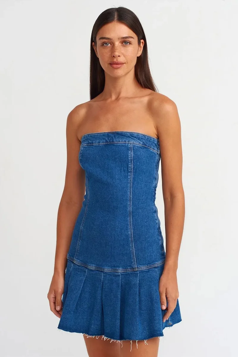 ديلفين DILVIN Fitted Strapless Denim Mini Dress
