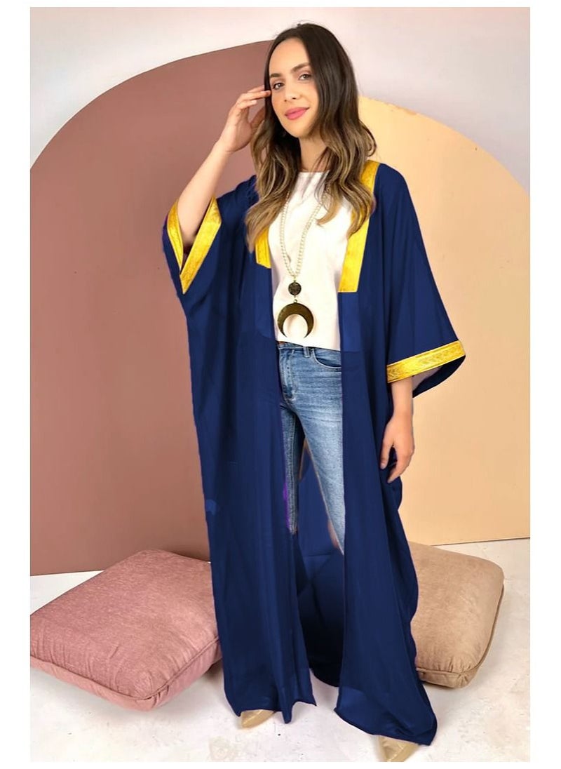 صن سيت قفطان شيفون للنساء من صن سيت عباره عن عبايه مطعمة بجبير ذهبي - أزرق غامق  - Image 3