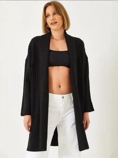 Bianco Lucci LUCCI Textured Long Ribbed Shawl Collar Cardigan