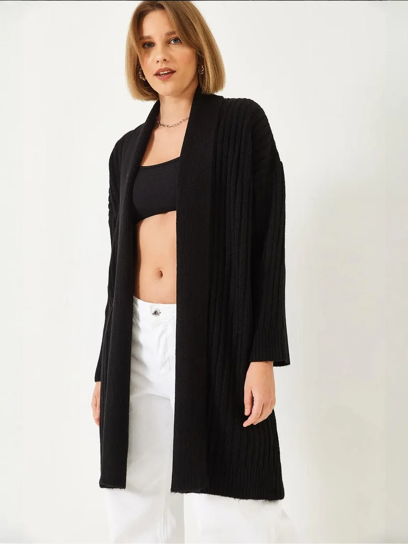 Bianco Lucci LUCCI Textured Long Ribbed Shawl Collar Cardigan
