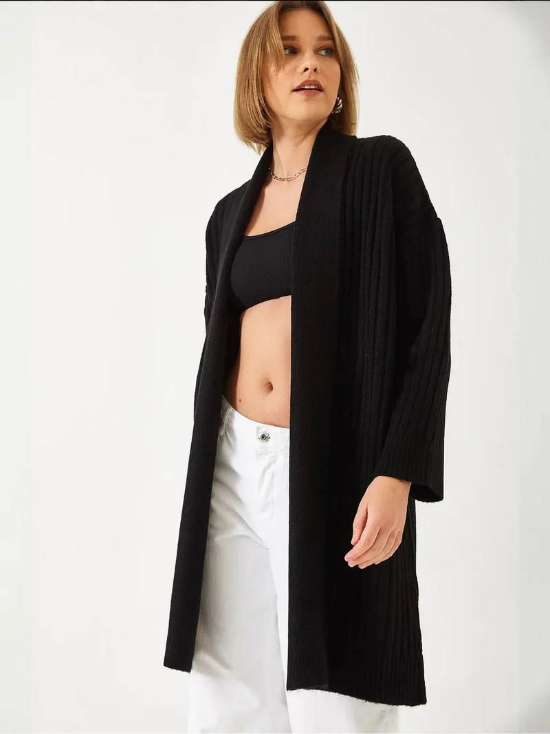 Bianco Lucci LUCCI Textured Long Ribbed Shawl Collar Cardigan