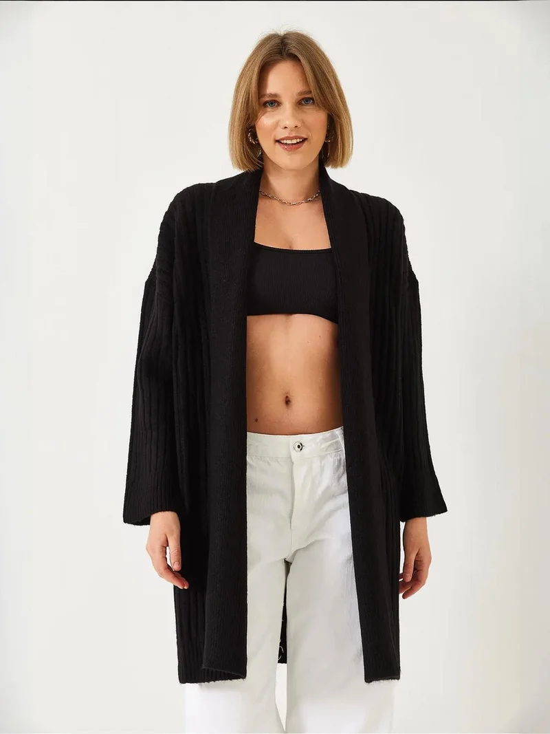 Bianco Lucci LUCCI Textured Long Ribbed Shawl Collar Cardigan