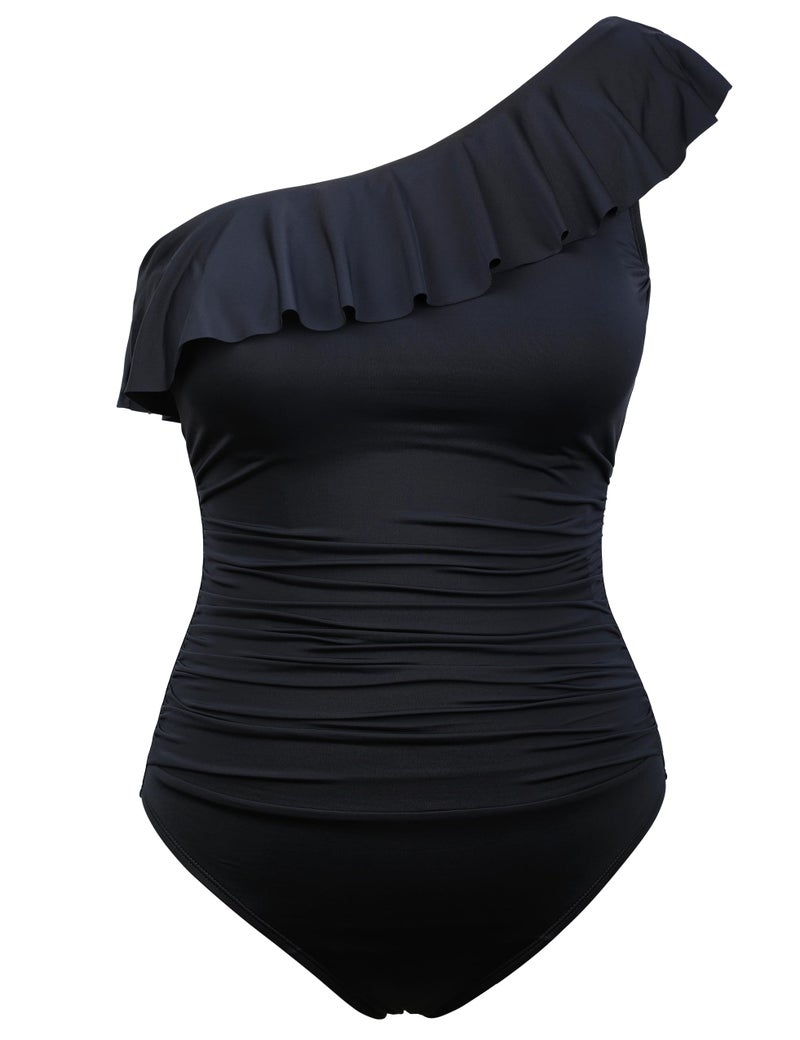 Hilor Women's Cute One Piece Swimsuits Ruffled One Shoulder Swimwear Ruched Tummy Control Bathing Suits Black 12 - Image 1