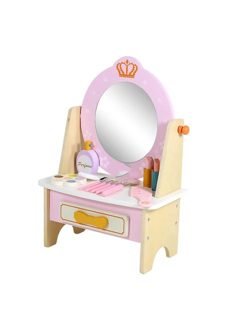 Wooden Princess Vanity Table with Makeup Accessories – Pretend Play Makeup Table Set for Girls, Role-Playing Educational Toy for Toddlers and Kids, Simulation Beauty Table with Mirror and Accessories