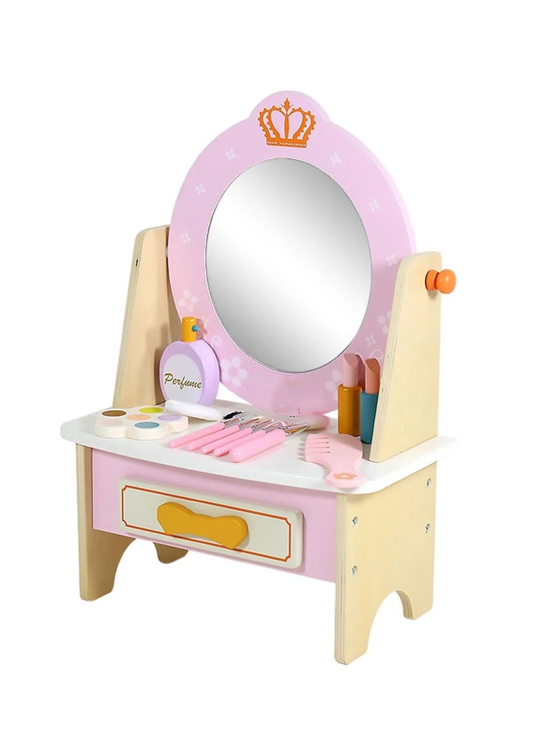 Generic - Wooden Princess Vanity Table with Makeup Accessories – Pretend Play Makeup Table Set for Girls, Role-Playing Educational Toy for Toddlers and Kids, Simulation Beauty Table with Mirror and Accessories - Image 1