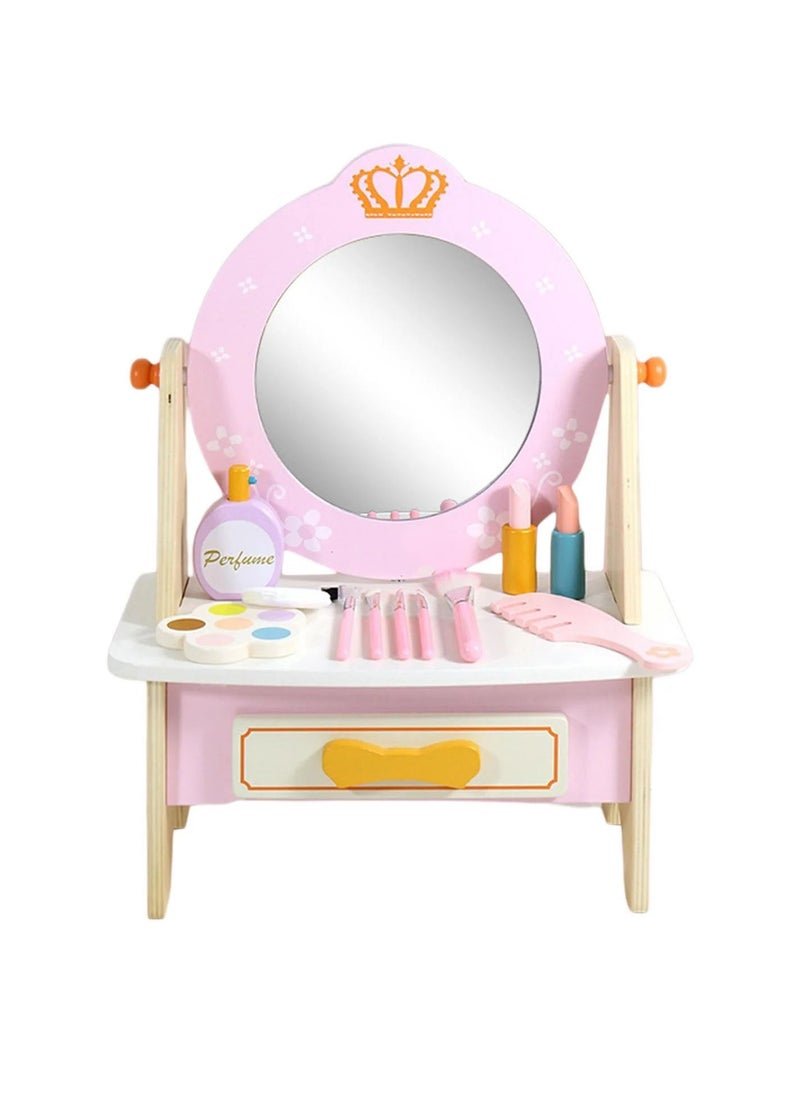 Generic - Wooden Princess Vanity Table with Makeup Accessories – Pretend Play Makeup Table Set for Girls, Role-Playing Educational Toy for Toddlers and Kids, Simulation Beauty Table with Mirror and Accessories - Image 1
