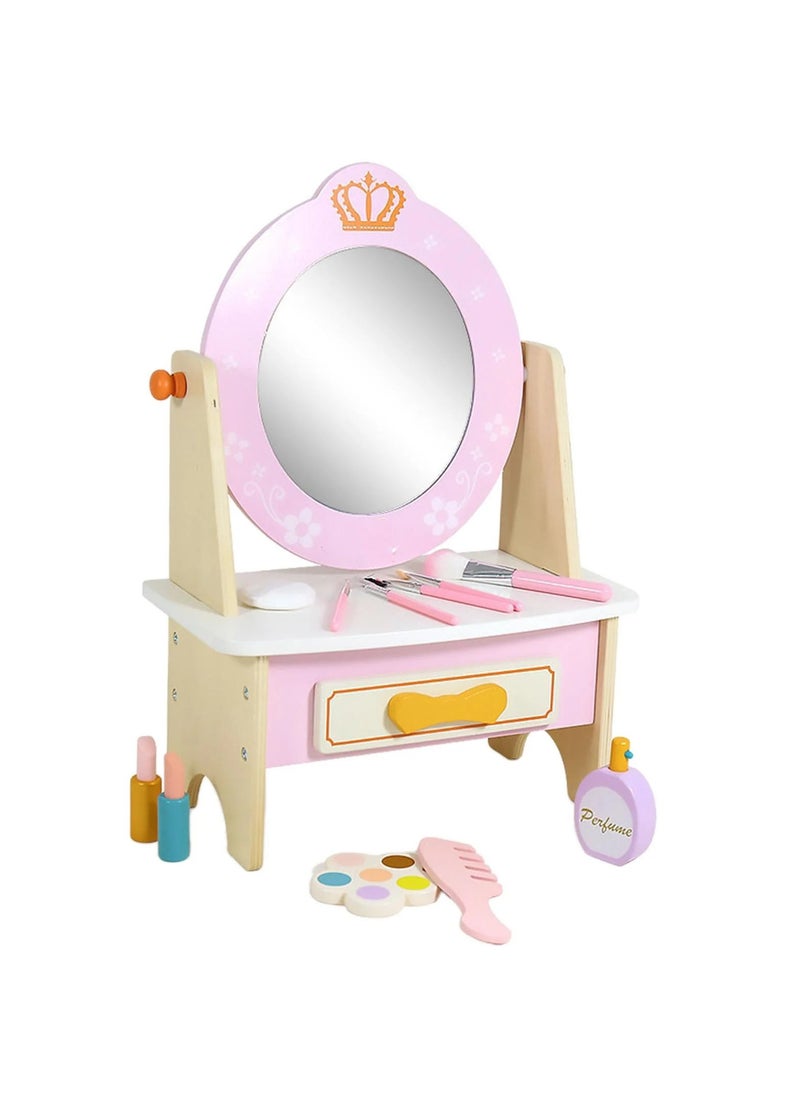 Generic - Wooden Princess Vanity Table with Makeup Accessories – Pretend Play Makeup Table Set for Girls, Role-Playing Educational Toy for Toddlers and Kids, Simulation Beauty Table with Mirror and Accessories - Image 1