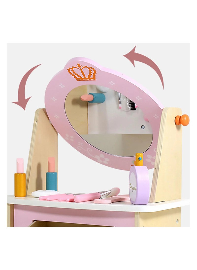 Generic - Wooden Princess Vanity Table with Makeup Accessories – Pretend Play Makeup Table Set for Girls, Role-Playing Educational Toy for Toddlers and Kids, Simulation Beauty Table with Mirror and Accessories - Image 1