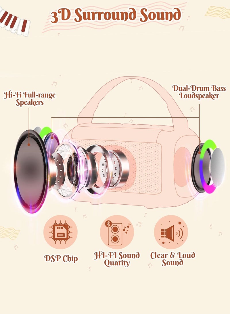 Vixplorn Mini Karaoke Machine with 2 Wireless Microphone for Kids Portable Bluetooth 5.3 Karaoke Mic LED Color Lights Speaker Christmas Birthday Family Home Party Toys Gift for Boys Girls Pink - Image 3