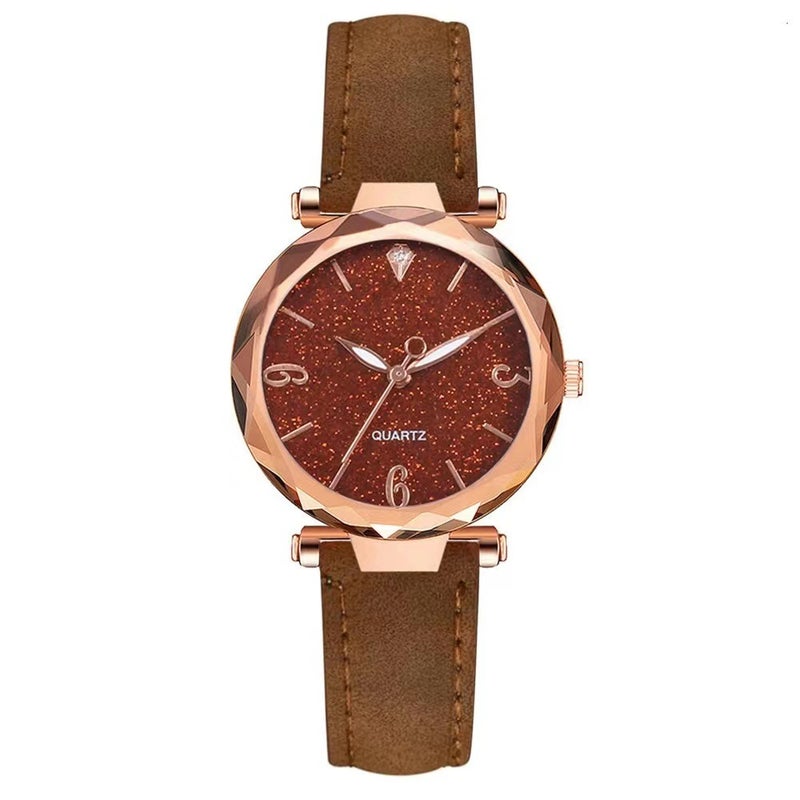 2023 New Cross-border Popular Powder Digital Face Wristwatch Womens 2-piece Set Hexagon Bracelet Ladies Watch Brown 