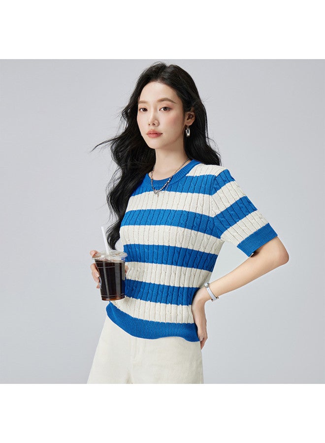 Hstyle summer Color-blocking Striped Slim-fit Women's Knitted Shirt - Image 2