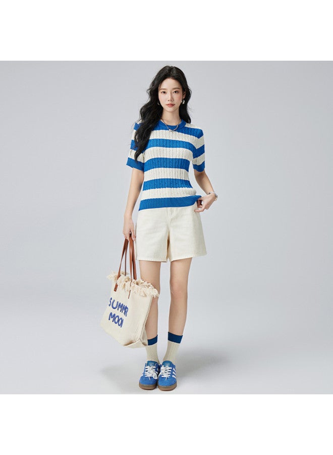 Hstyle summer Color-blocking Striped Slim-fit Women's Knitted Shirt - Image 4