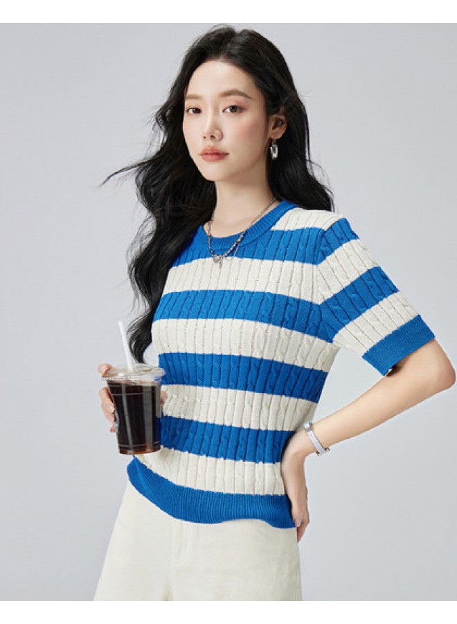 Hstyle summer Color-blocking Striped Slim-fit Women's Knitted Shirt - Image 1