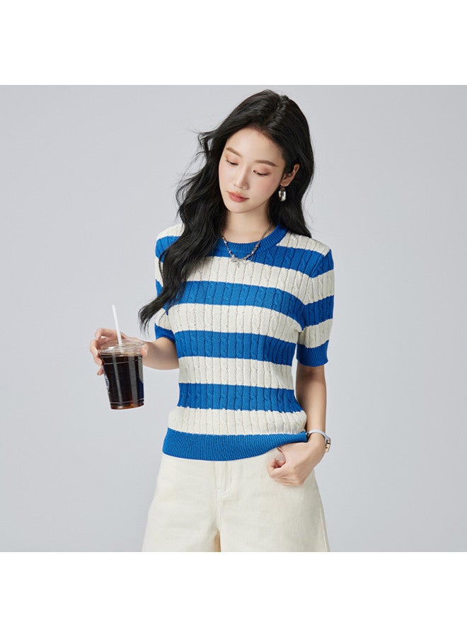 Hstyle summer Color-blocking Striped Slim-fit Women's Knitted Shirt - Image 3